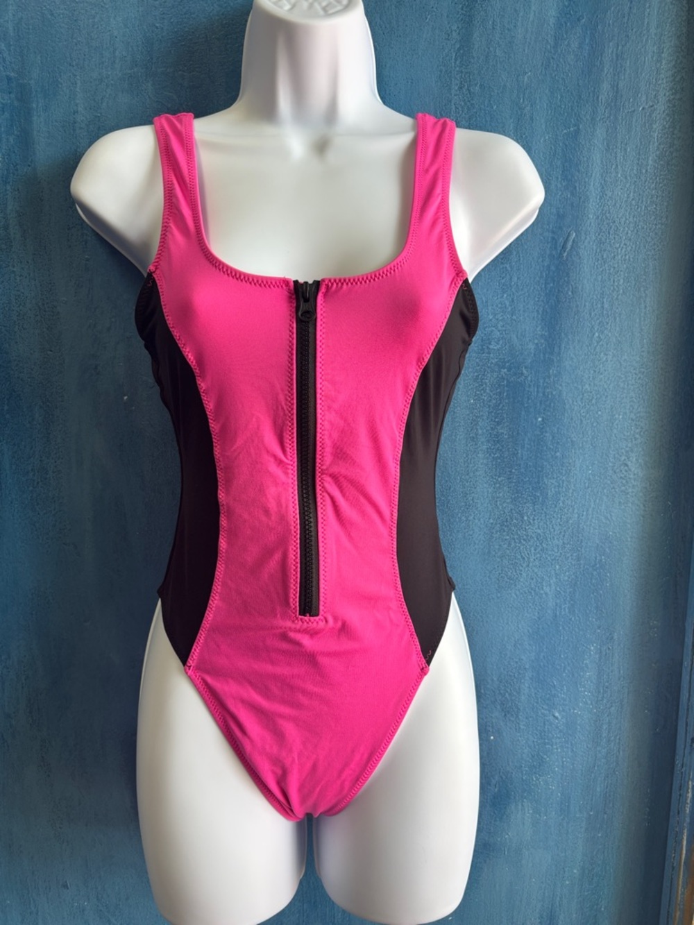 Women’s Pink and Black Zip-Front One-Piece Swimsuit